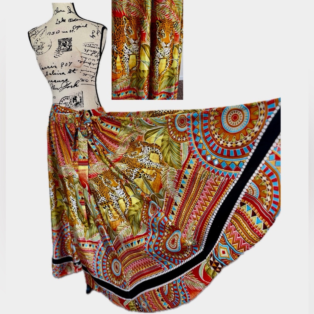 Tropical Leopard Print Maxi Skirt Flowy Wavy Sz M Eclectic Maximalist BaddieCore